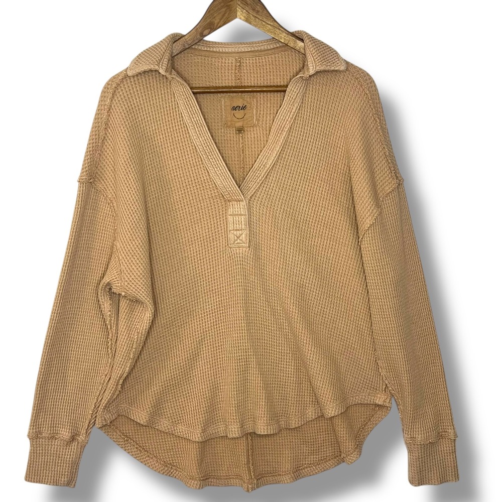 Aerie Waffle Gauze Collared Henley Pullover Tan Long Sleeve XS Neutral Lagenlook